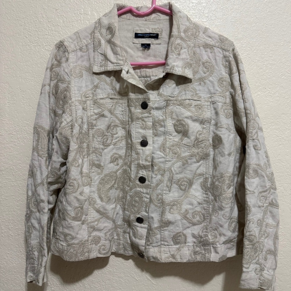 Saint Tropez West Linen Blend Embroidered Jacket Women's 2X‎ Beige Paisley